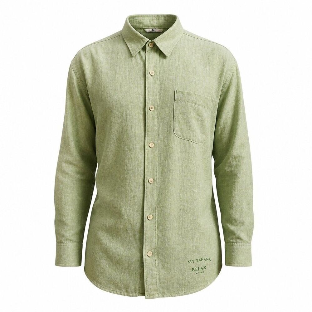 Tommy Bahama Men 100% Linen Shirt M Neon Lime Green Resort Festival Coastal Luxe